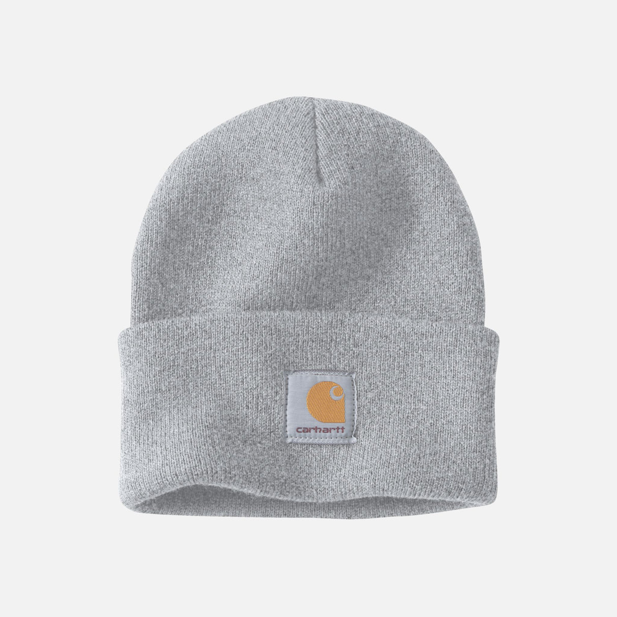 Tuque en tricot gris de style classique avec rebord de la marque Carhartt, idéale pour rester chaud en hiver.