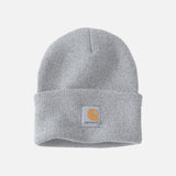Tuque en tricot gris de style classique avec rebord de la marque Carhartt, idéale pour rester chaud en hiver.