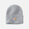 Tuque en tricot gris de style classique avec rebord de la marque Carhartt, idéale pour rester chaud en hiver.