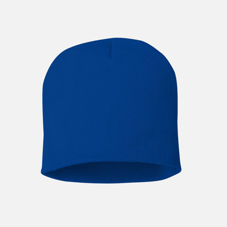 Tuque en tricot de 8 po de marque Sportsman, couleur royale, portée sur une tête, vêtement d'hiver chaud et confortable.
