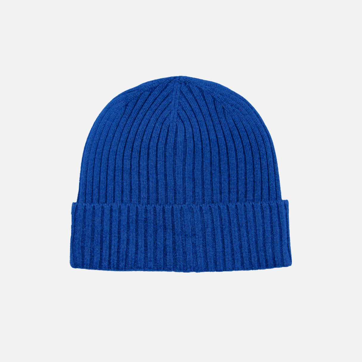 Tuque côtelé à revers DML Creation en maille douce de couleur bleu royal, portée avec le revers visible.