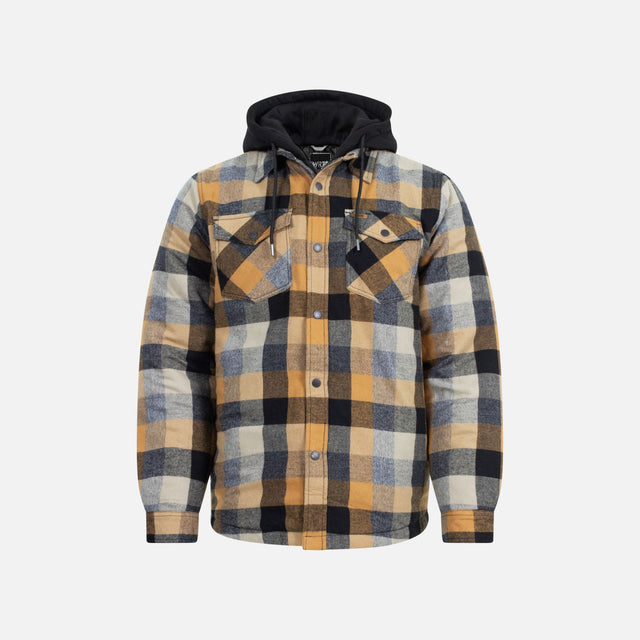 Veste matelassée en flanelle à carreaux avec capuchon WRTK, style robuste et chaleur, vêtement d'extérieur pour homme.