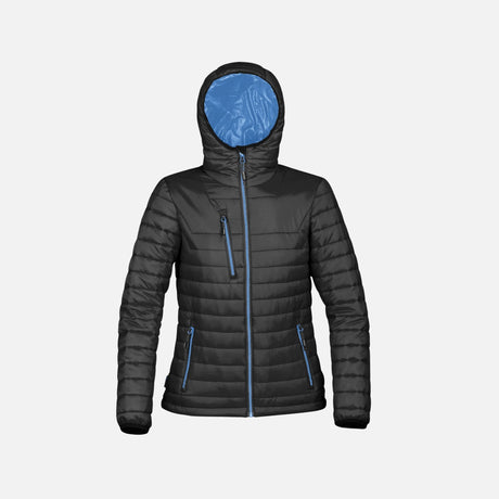 Veste matelassée pour femme Gravity de Stormtech, manteau noir et bleu, détail de la texture et du design chaud.