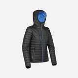 Veste matelassée pour femme Stormtech Gravity en noir et bleu, vêtement chaud et léger pour l'hiver.