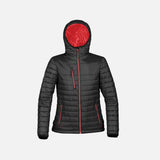Veste matelassée pour femme Stormtech Gravity en noir et rouge, veste thermique et légère pour l'hiver.