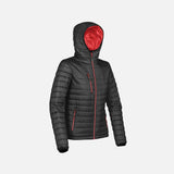 Veste matelassée pour femme Stormtech Gravity, manteau noir et rouge, style chaud et élégant pour l'hiver.