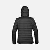 Veste matelassée pour femme Stormtech Gravity, manteau noir et rouge, détails de couture et fermeture éclair visible.
