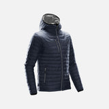Veste matelassée pour homme Stormtech Gravity, manteau bleu marine et gris, détails du rembourrage et coupe moderne.