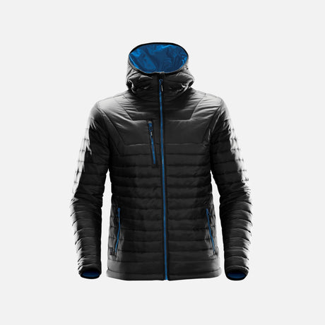 Veste matelassée pour homme Stormtech Gravity en noir et bleu, vêtement d'extérieur chaud et élégant pour l'hiver.