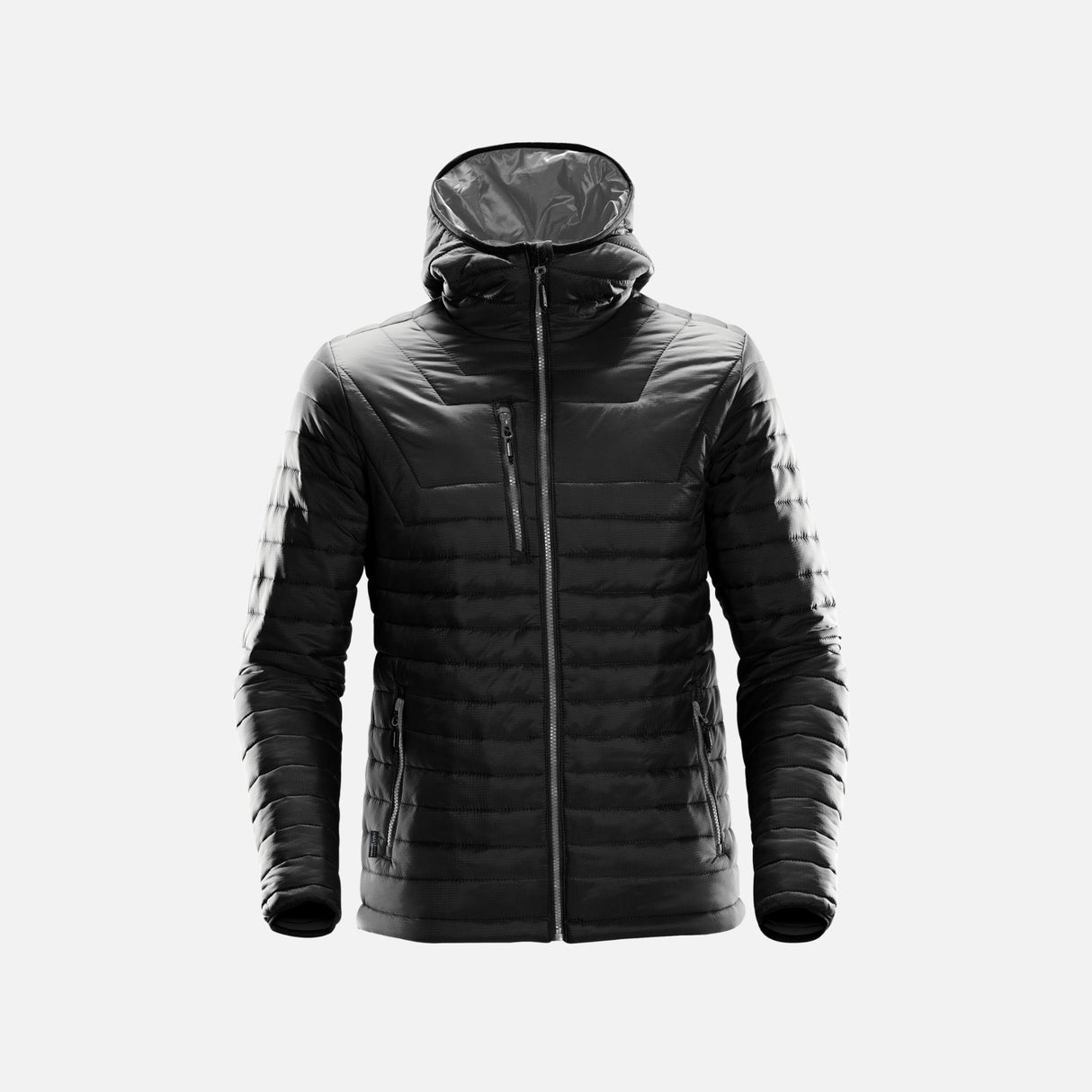 Veste matelassée pour homme Gravity de Stormtech, manteau noir et gris avec fermeture éclair, style chaud et élégant.