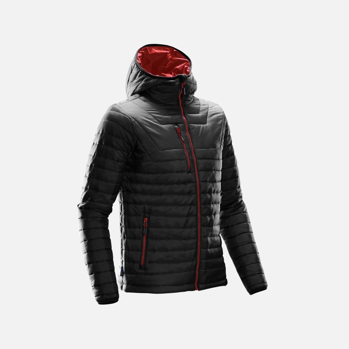 Veste matelassée pour homme Stormtech Gravity en noir et rouge, vêtement chaud et élégant pour l'hiver.
