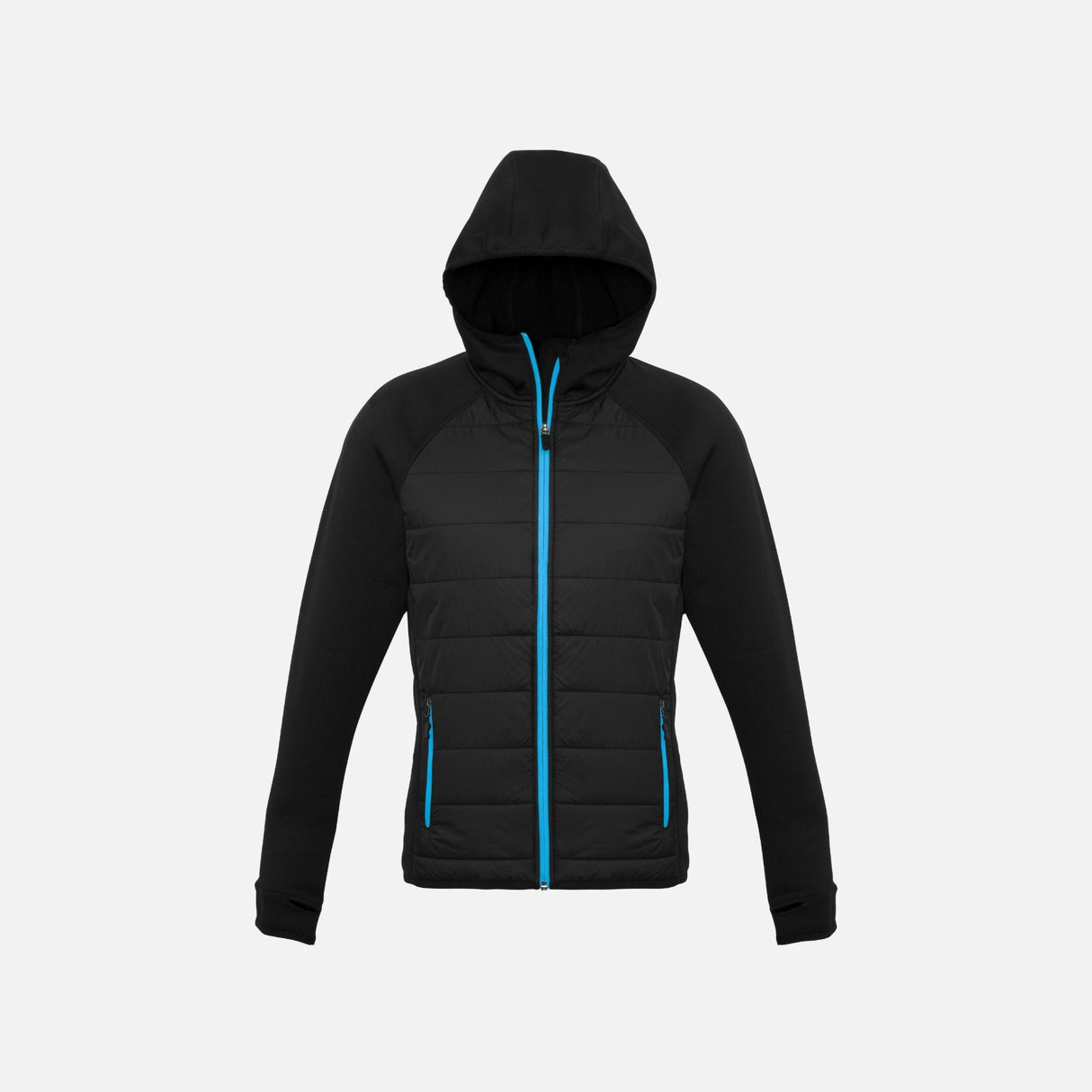 Veste zippée pour femme Biz J515L en noir et bleu, vêtement à capuche pour un look décontracté et confortable.
