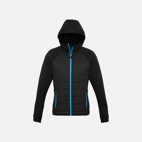 Veste zippée pour femme Biz J515L en noir et bleu, vêtement à capuche pour un look décontracté et confortable.