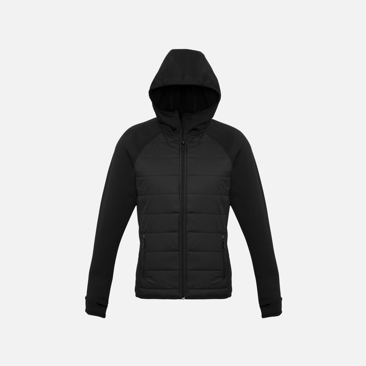Veste zippée pour femme Biz J515L en noir, vêtement à capuche, style décontracté et confortable.