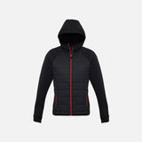 Veste zippée pour femme Biz J515L, en noir et rouge, vêtement à capuche élégant et décontracté.