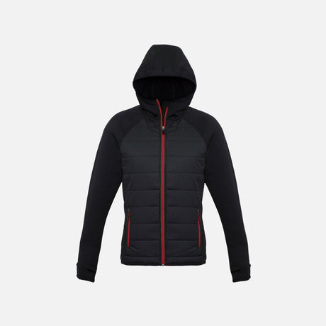 Veste zippée pour femme Biz J515L, en noir et rouge, vêtement à capuche élégant et décontracté.