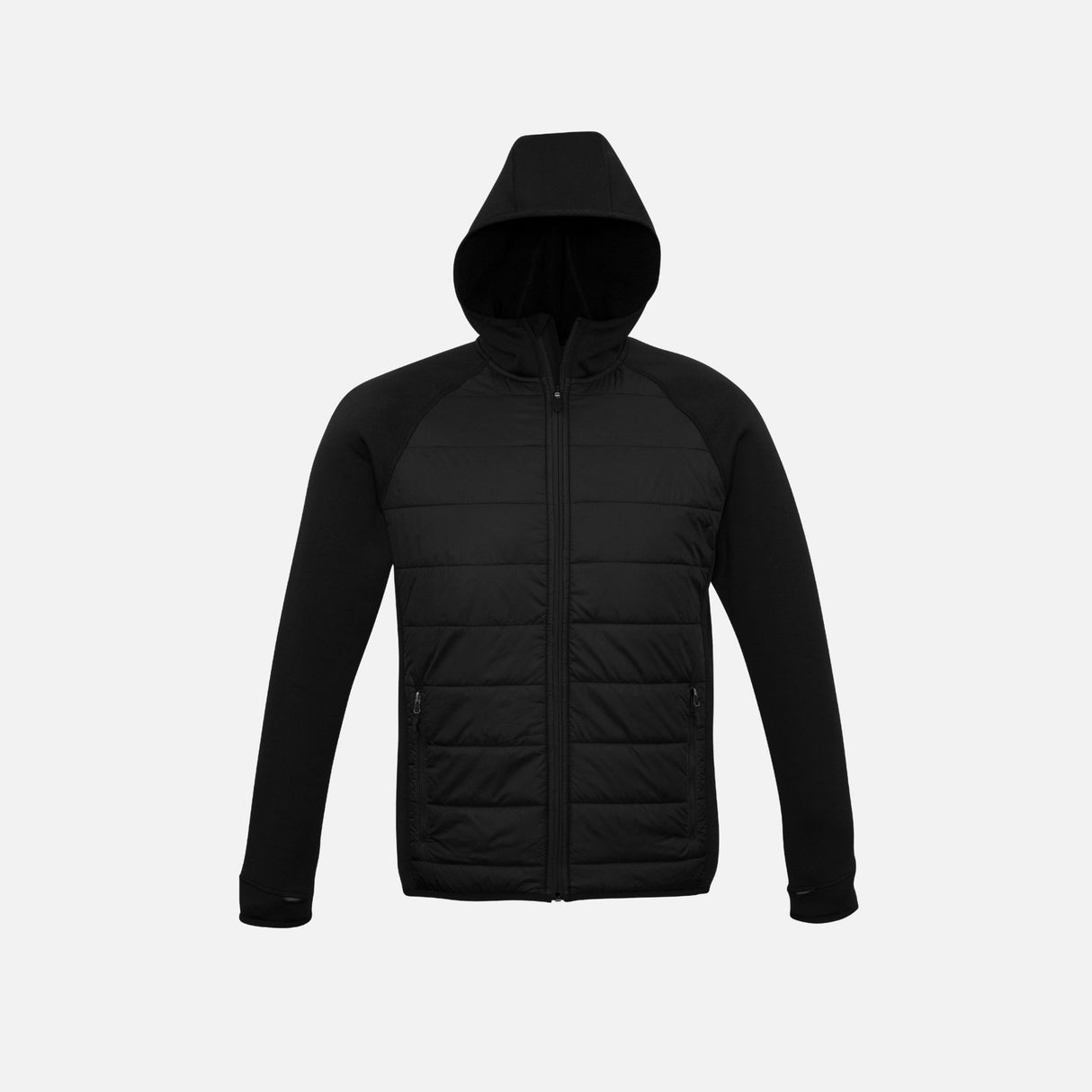 Veste zippée pour homme Biz J515M en noir, vêtement avec capuche et design moderne, vue de face.